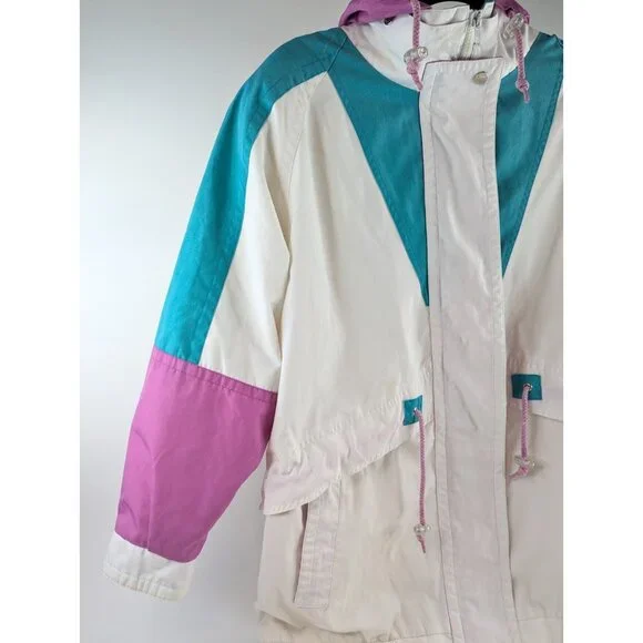 Vtg Current Seen Women’s 16W Colorblock Parka Jacket White Hooded Windbreaker - Picture 3 of 14